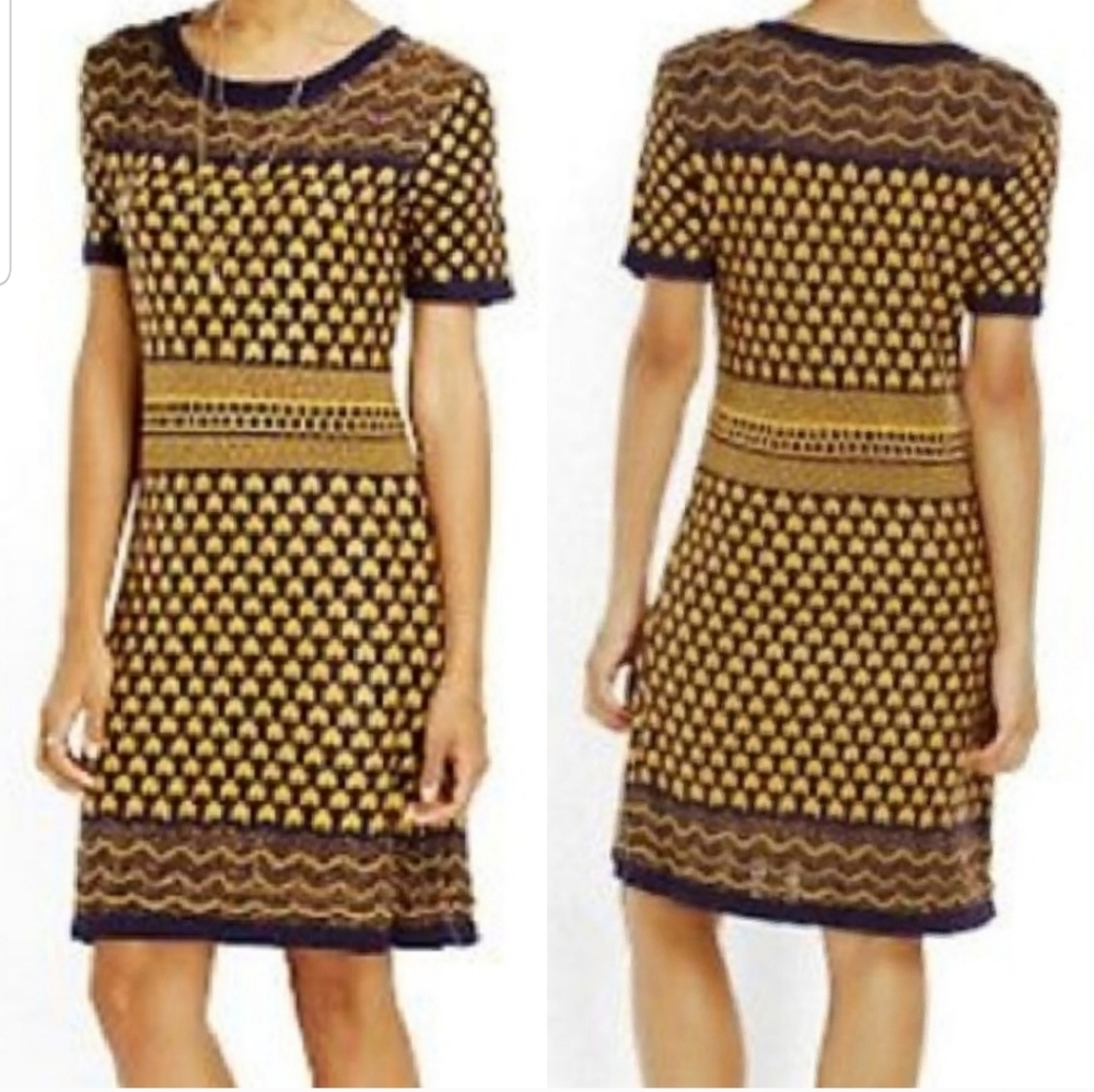 Romeo + Juliet sweater dress bodycon knee navy mustard Small knit shortsleeved - Picture 1 of 8